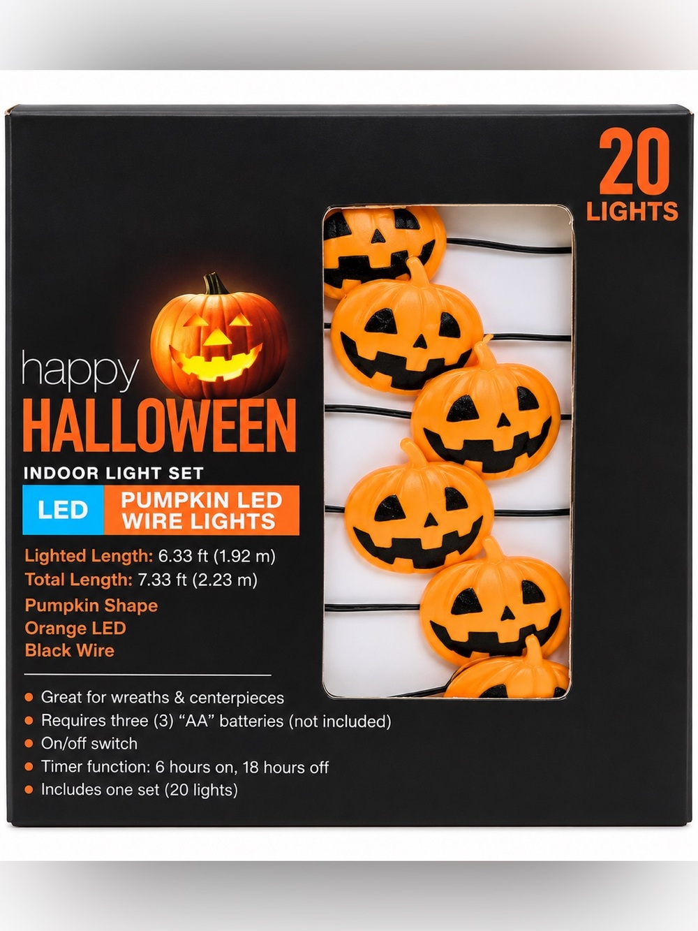 Pumpkin LED String Light Halloween Battery Operated Timer Switch 6.33 ft